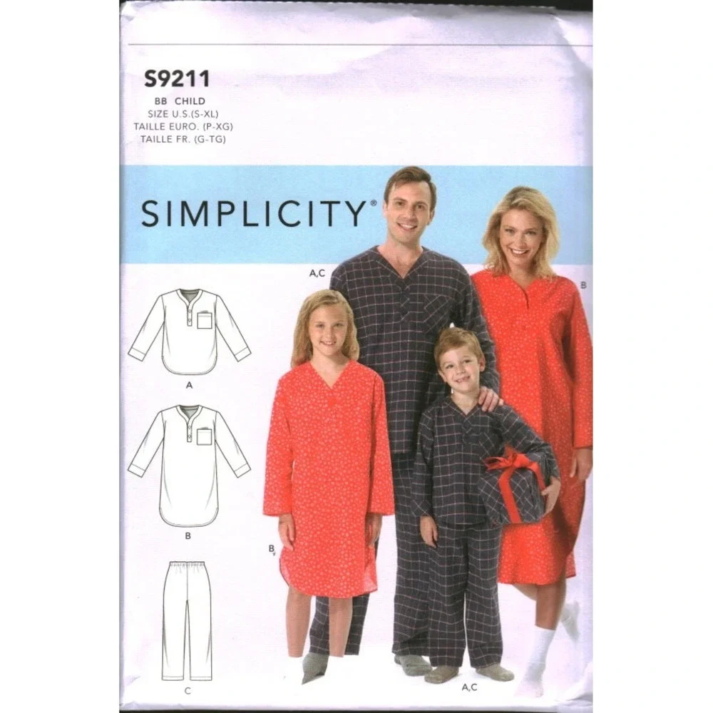 Simplicity S9211 Sewing Pattern Family Pajamas Nightshirt Pants Child Adult S-XL
